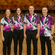 Load image into Gallery viewer, Bowling team wearing matching pink splatter bowling jerseys during tournament play front view.