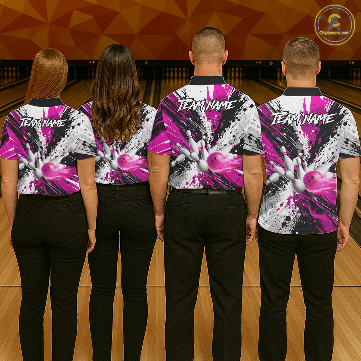 Back view of bowling team wearing matching pink splatter bowling shirts in a bowling alley.