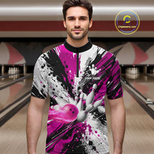 Load image into Gallery viewer, Man wearing a pink splatter bowling quarter zip jersey during league play front view.