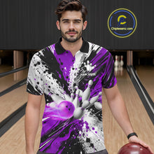 Load image into Gallery viewer, Man wearing a purple splatter bowling polo shirt at a bowling alley front view.