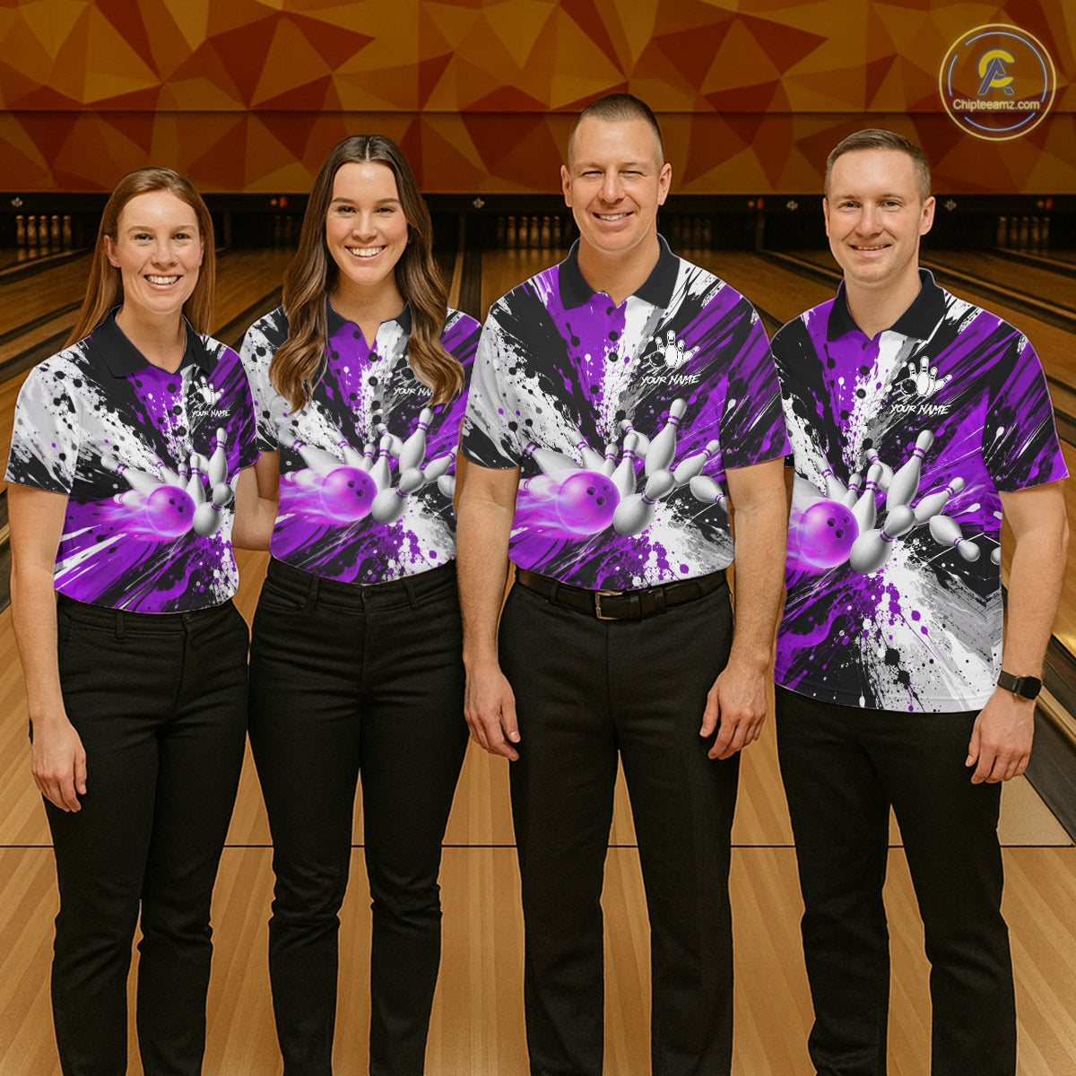 Bowling team wearing matching purple splatter bowling jerseys during league matches front view.