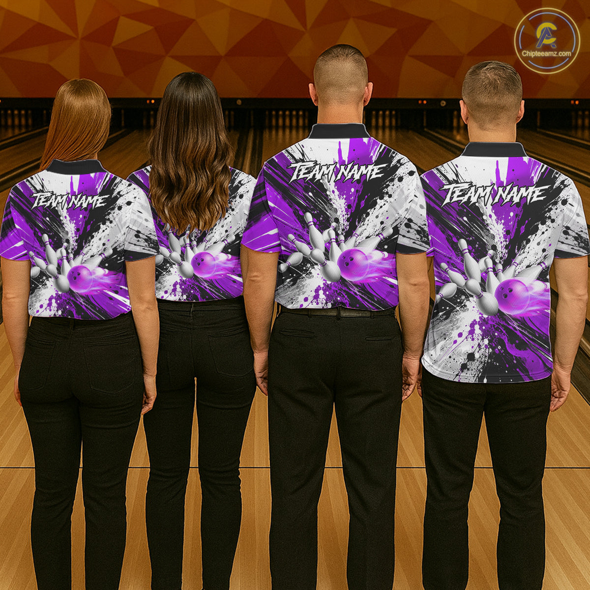 Back view of bowling team wearing matching purple splatter bowling shirts in a bowling alley.