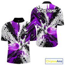 Load image into Gallery viewer, Purple splatter bowling ball and pins bowling quarter zip shirt for men designed for tournaments and league play.