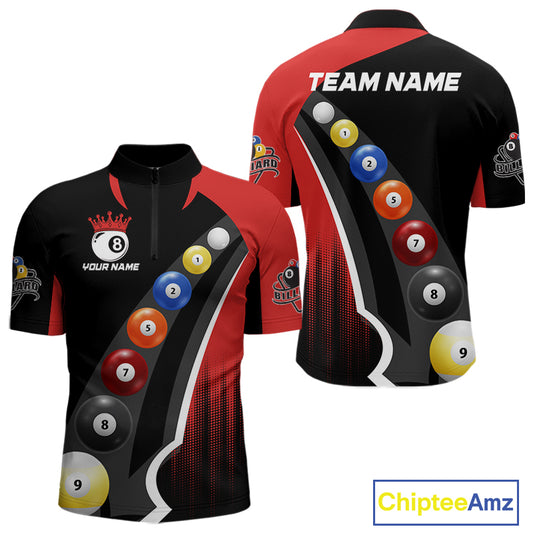 Personalized Red Black Billiard Shirt For Men Custom Funny Pool Balls Team Jersey Polo & 1/4 Zip TDM4496