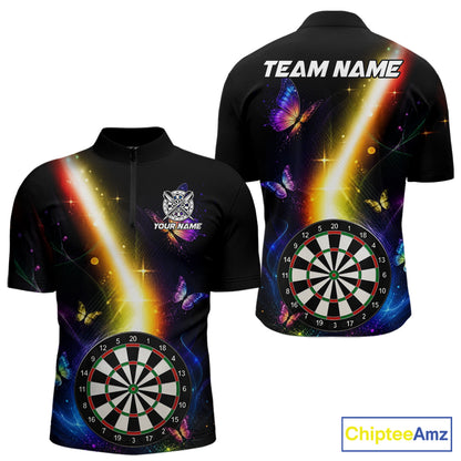 Personalized Glowing Light Butterfly Quarter Zip Darts Shirt for Men Created for Competitive Dart League Teams with Performance Fabric and Tournament Ready Comfort