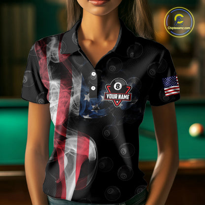 Personalized Vintage Smoke US Flag Billiard Shirts For Women, 8 Ball Pool Patriotic Billiard Jerseys TDM4731