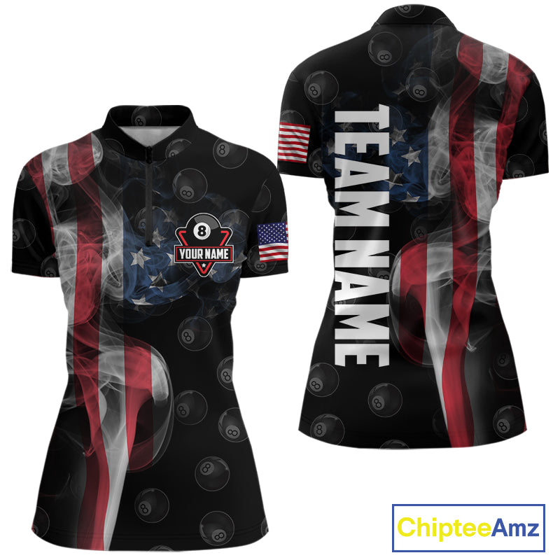 Personalized Vintage Smoke US Flag Billiard Shirts For Women, 8 Ball Pool Patriotic Billiard Jerseys TDM4731