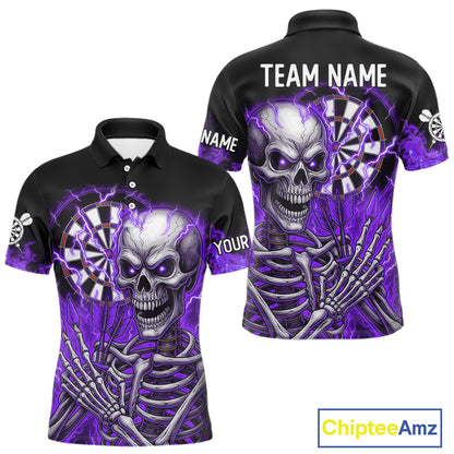 Purple Flaming Lightning Skeleton Darts Shirt For Men Custom Skull Dart Jersey Team Polo & 1/4 Zip TDM4739