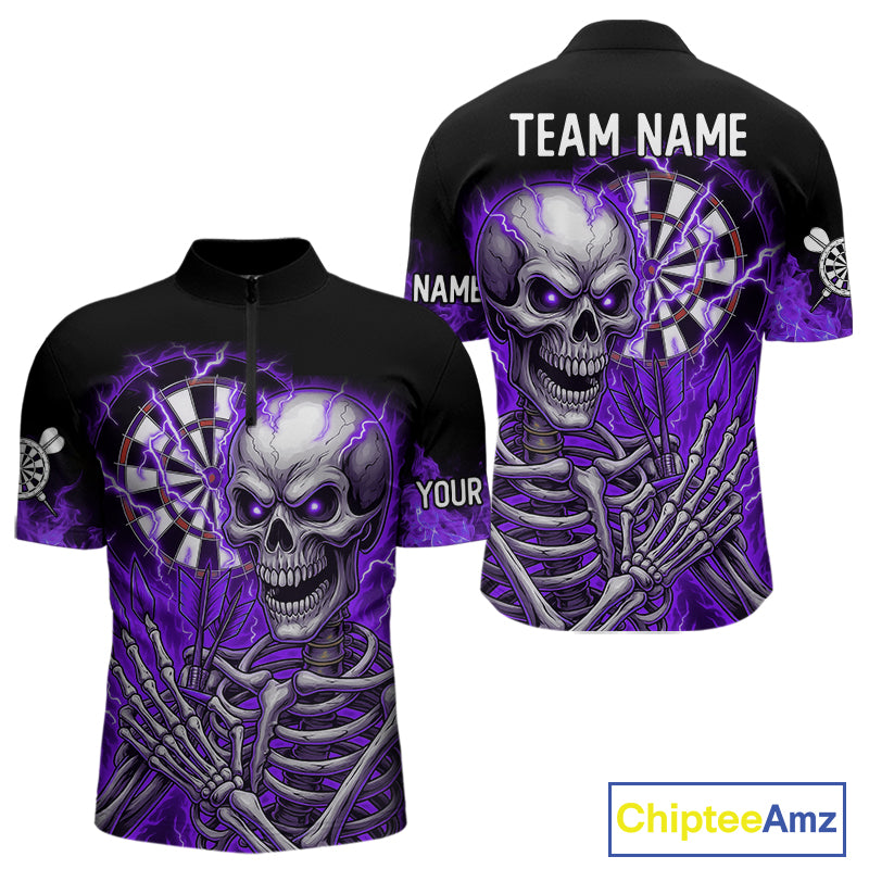 Purple Flaming Lightning Skeleton Darts Shirt For Men Custom Skull Dart Jersey Team Polo & 1/4 Zip TDM4739
