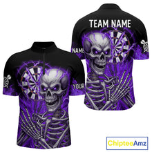 Load image into Gallery viewer, Purple Flaming Lightning Skeleton Darts Shirt For Men Custom Skull Dart Jersey Team Polo &amp; 1/4 Zip TDM4739