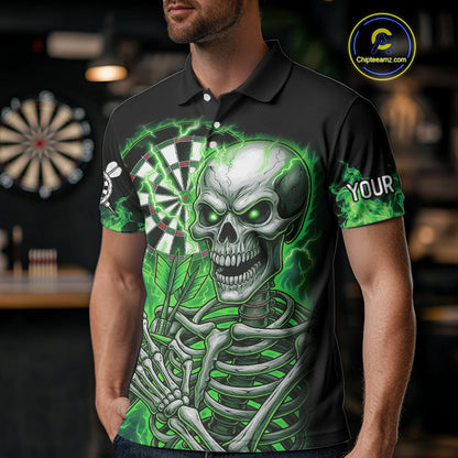 Green Flaming Lightning Skeleton Darts Shirt For Men Custom Skull Dart Jersey Team Polo & 1/4 Zip TDM4740