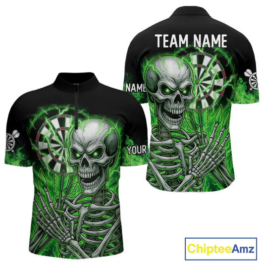 Green Flaming Lightning Skeleton Darts Shirt For Men Custom Skull Dart Jersey Team Polo & 1/4 Zip TDM4740