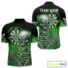 Load image into Gallery viewer, Green Flaming Lightning Skeleton Darts Shirt For Men Custom Skull Dart Jersey Team Polo &amp; 1/4 Zip TDM4740