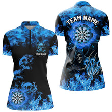 Load image into Gallery viewer, Fire Flame Darts Board Custom Skull Dart Shirts For Women, Death Skeleton Scary Dart Jerseys | Blue TDM2903