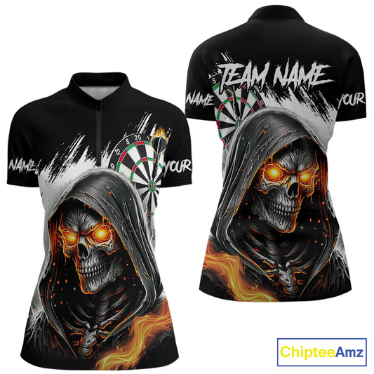 Personalized Grim Reaper Fire Dart Shirts For Women Custom Skull Dart Jersey Polo & 1/4 Zip |White TDM5369