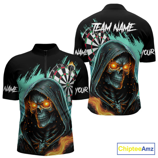 Personalized Grim Reaper Fire Dart Shirts For Men Custom Skull Dart Jersey Polo & 1/4 Zip |Turquoise TDM5370