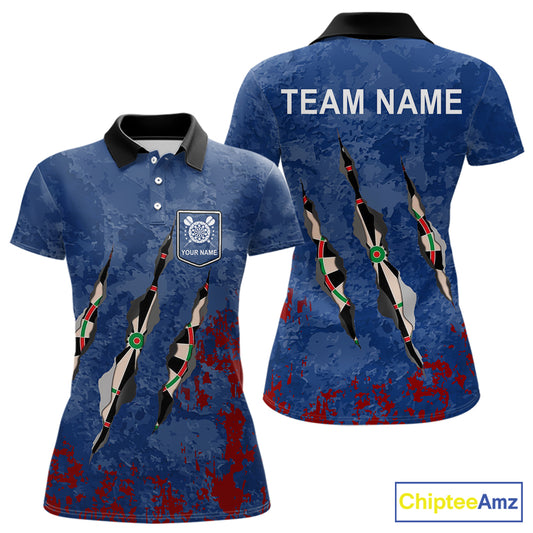 Custom Blue Red Grunge Dart Shirts With Pocket Option For Women, Darts Jersey TDM5372