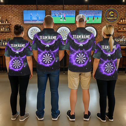 Personalized Fire Flame Purple Dartboard Eagle Dart Shirts For Men, Darts League Team Jerseys TDM5374