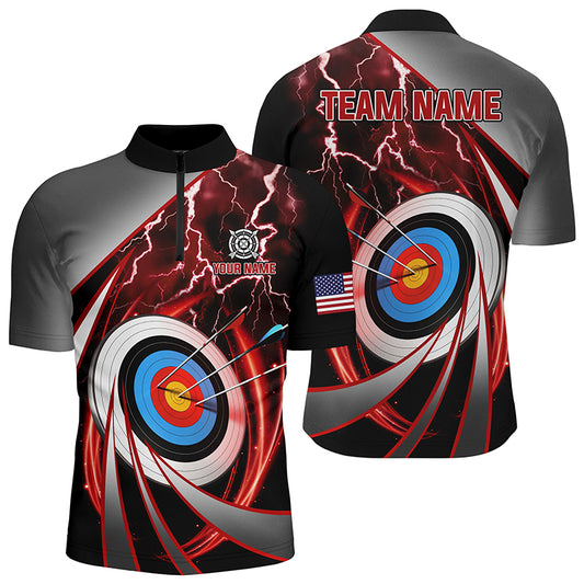 Red Archery 3d Target Lightning Custom Men Quarter-Zip Shirts, Team League Archery Shirts TDM1050