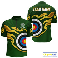 Load image into Gallery viewer, Personalized Green Archery Flame Polo &amp; 1/4 Zip For Men Custom Golden Archery Team Jersey TDM5871