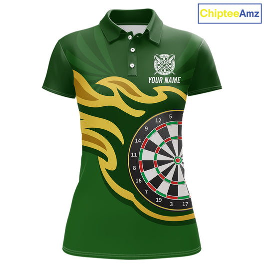 Personalized Green Dartboard Flame Gold Darts Shirt For Women, Darts Jersey Team Polo & 1/4 Zip TDM5872