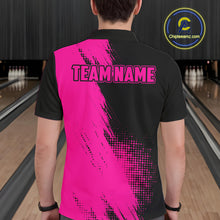 Load image into Gallery viewer, Male model wearing the Custom Pink and Black Strike Bowling polo shirt featuring bold pink and black bowling graphics, back view