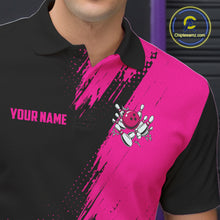 Load image into Gallery viewer, Close-up of the men's Custom Pink and Black Strike Bowling polo shirt showing the collar, button placket, chest artwork and premium performance fabric