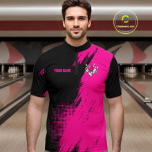 Load image into Gallery viewer, Male model wearing the Custom Pink and Black Strike Bowling quarter zip shirt with vibrant pink and black bowling artwork, front view