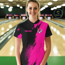 Load image into Gallery viewer, Female model wearing the Custom Pink and Black Strike Bowling quarter zip shirt featuring bold pink and black bowling artwork, front view