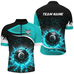 Personalized Turquoise 8 Ball Pool Crack Flame Men Billiard Jersey, Team League Billiard Team Shirts TDM2440