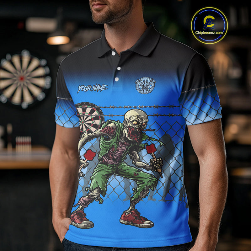 Blue Funny Zombie Dart Shirt With Pocket Option For Men Custom Darts Jersey TDM4937