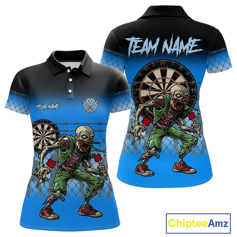 Blue Funny Zombie Dart Shirt With Pocket Option For Women Custom Darts Jersey TDM4937