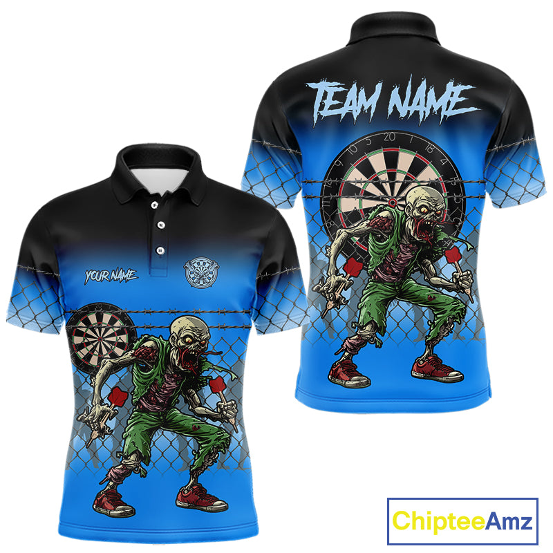 Blue Funny Zombie Dart Shirt With Pocket Option For Men Custom Darts Jersey TDM4937