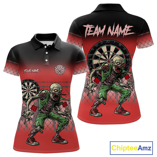 Red Funny Zombie Darts Shirt With Pocket Option For Women Custom Darts Jersey TDM4939