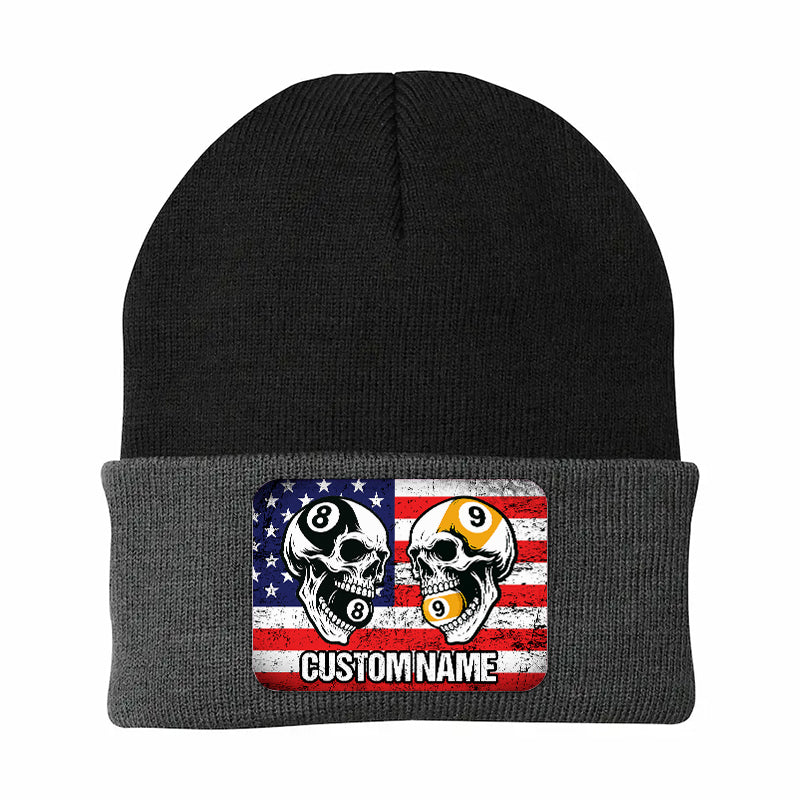 Funny Skull 8&9 Ball Billiard Knit Beanie Hat Rectangle Patch Custom US Flag Pool Player Knit Hat TDM4942