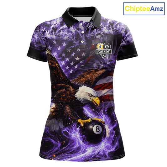 Purple Flaming Eagle 8 & 9 Ball Billiard Shirt For Women Custom US Flag Pool Jersey Polo, 1/4 Zip TDM6249