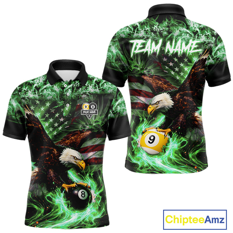 Green Flaming Eagle 8 & 9 Ball Billiard Shirt For Men Custom US Flag Pool Jersey Polo, 1/4 Zip TDM6250