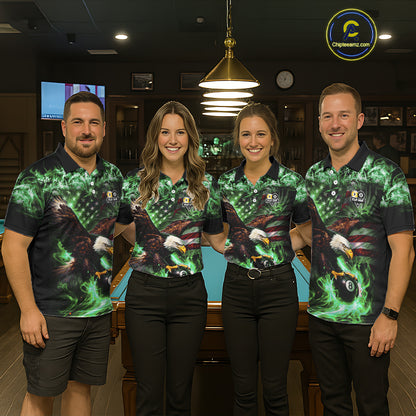 Green Flaming Eagle 8 & 9 Ball Billiard Shirt For Men Custom US Flag Pool Jersey Polo, 1/4 Zip TDM6250