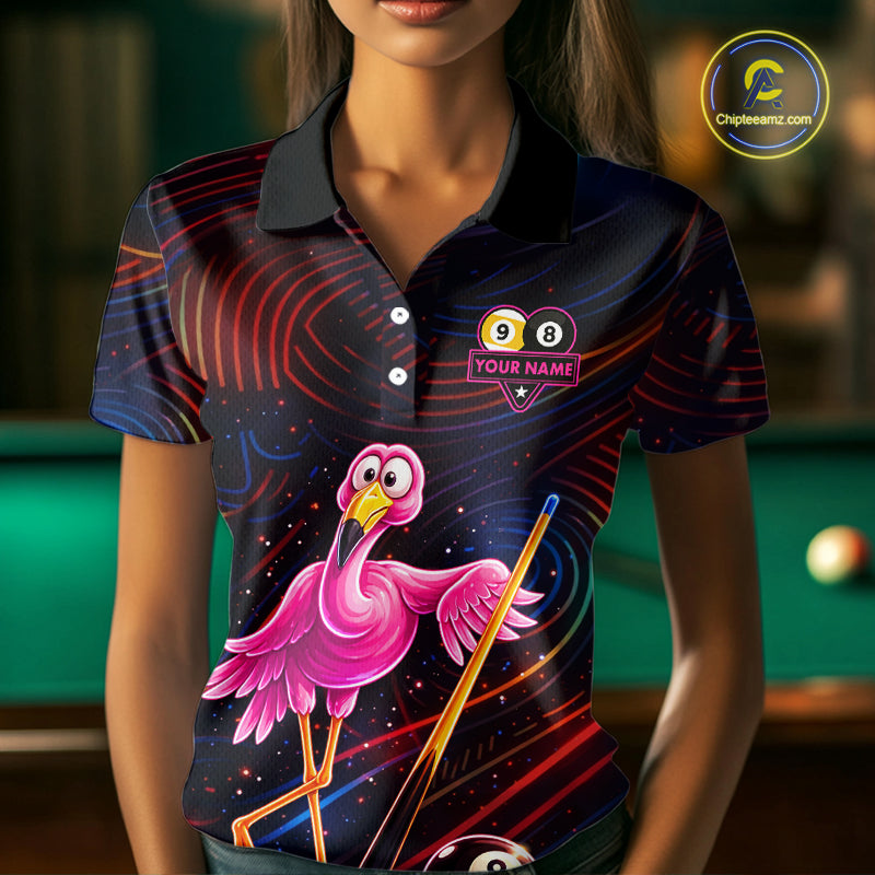 Funny Neon Flamingo 8 Ball & 9 Ball Billiard Shirt For Women Custom Pool Team Jersey Polo & 1/4 Zip TDM6257