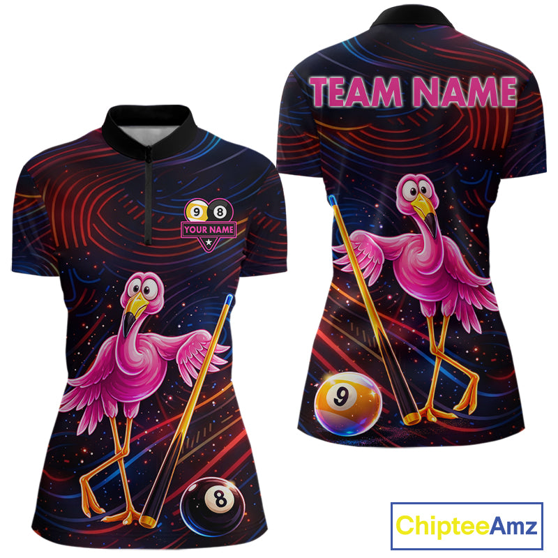 Funny Neon Flamingo 8 Ball & 9 Ball Billiard Shirt For Women Custom Pool Team Jersey Polo & 1/4 Zip TDM6257