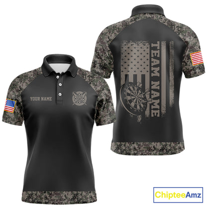 Personalized Retro Camo US Flag Darts Shirt For Men, Patriotic Darts Team Jersey Polo & 1/4 Zip TDM6260