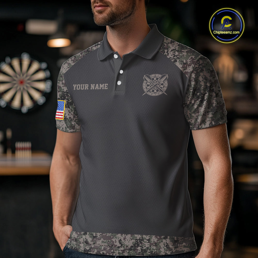 Personalized Retro Camo US Flag Darts Shirt For Men, Patriotic Darts Team Jersey Polo & 1/4 Zip TDM6260