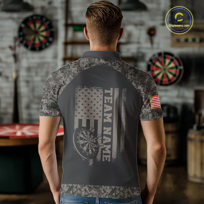 Personalized Retro Camo US Flag Darts Shirt For Men, Patriotic Darts Team Jersey Polo & 1/4 Zip TDM6260