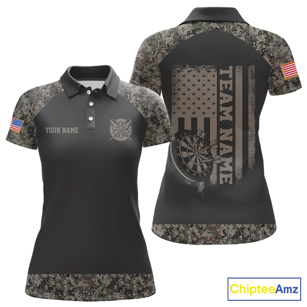 Personalized Retro Camo US Flag Darts Shirt For Women, Patriotic Darts Team Jersey Polo & 1/4 Zip TDM6260