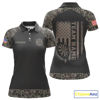 Personalized Retro Camo US Flag Darts Shirt For Women, Patriotic Darts Team Jersey Polo & 1/4 Zip TDM6260