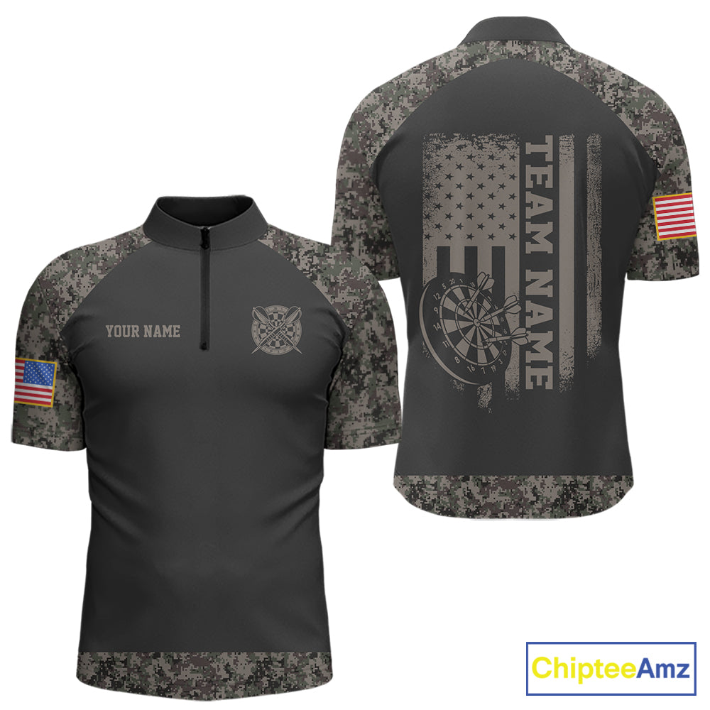 Personalized Retro Camo US Flag Darts Shirt For Men, Patriotic Darts Team Jersey Polo & 1/4 Zip TDM6260