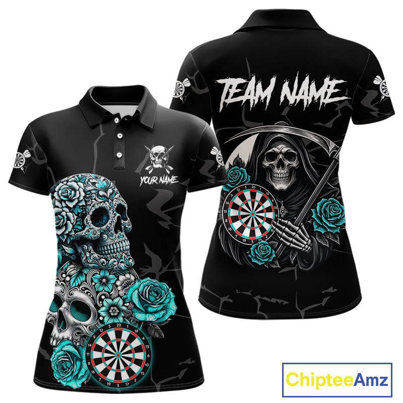 Personalized Funny Turquoise Skull Roses Darts Shirt For Women Custom Darts Team Jersey, Dart Outfit TDM4143