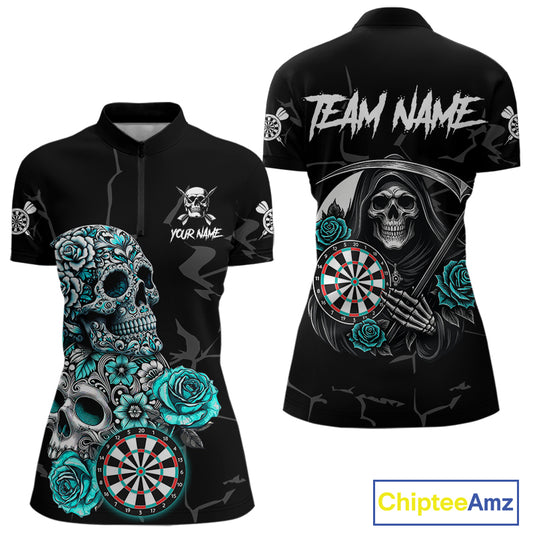 Personalized Funny Turquoise Skull Roses Darts Shirt For Women Custom Darts Team Jersey, Dart Outfit TDM4143