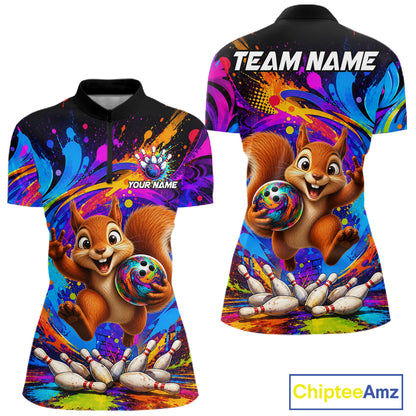 Funny pizza colorful bowling team jersey quarter zip shirt for women featuring colorful pizza bowling artwork, premium custom bowling apparel.