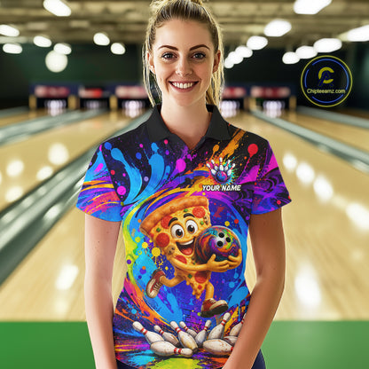 Woman wearing funny pizza colorful bowling team jersey polo shirt featuring funny pizza bowling artwork, front view.